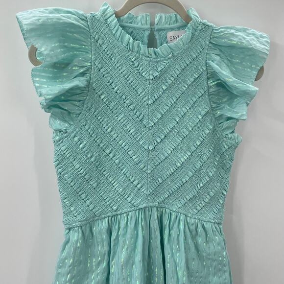 Saylor XS Carraway Mini Dress Smocked Bodice Flutter Sleeves Aqua Metallic - Picture 7 of 13